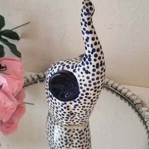 Figurine Hand Stamped  11" Trunk Up  Elephant Blue/White Dotted New